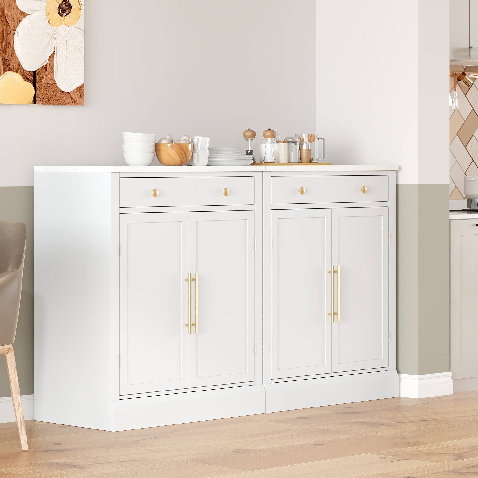 Set of 2 Modern Kitchen Pantry, Buffet Food Storage, Coffee Bar Cabinet with Drawer, 2 Adjustable Shelves for Dining Room