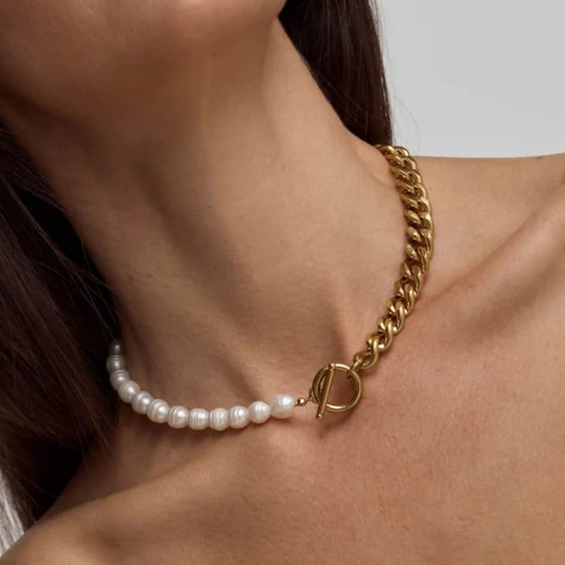 Bliss Diamond Yellow Gold Plated Fresh Water Pearl And Curb Link Necklace 18" Toggle Clasp