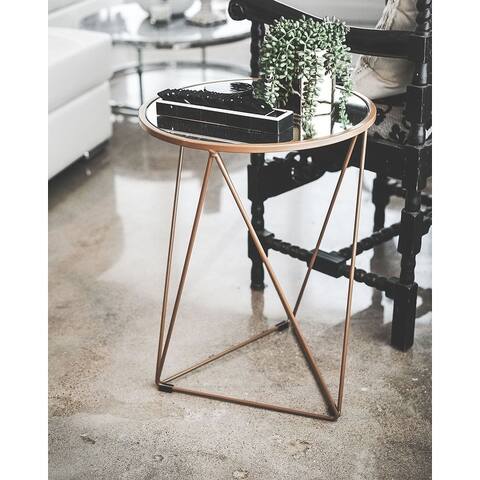 HomePop Metal Accent Table Triangle Gold Base Round Mirror Top