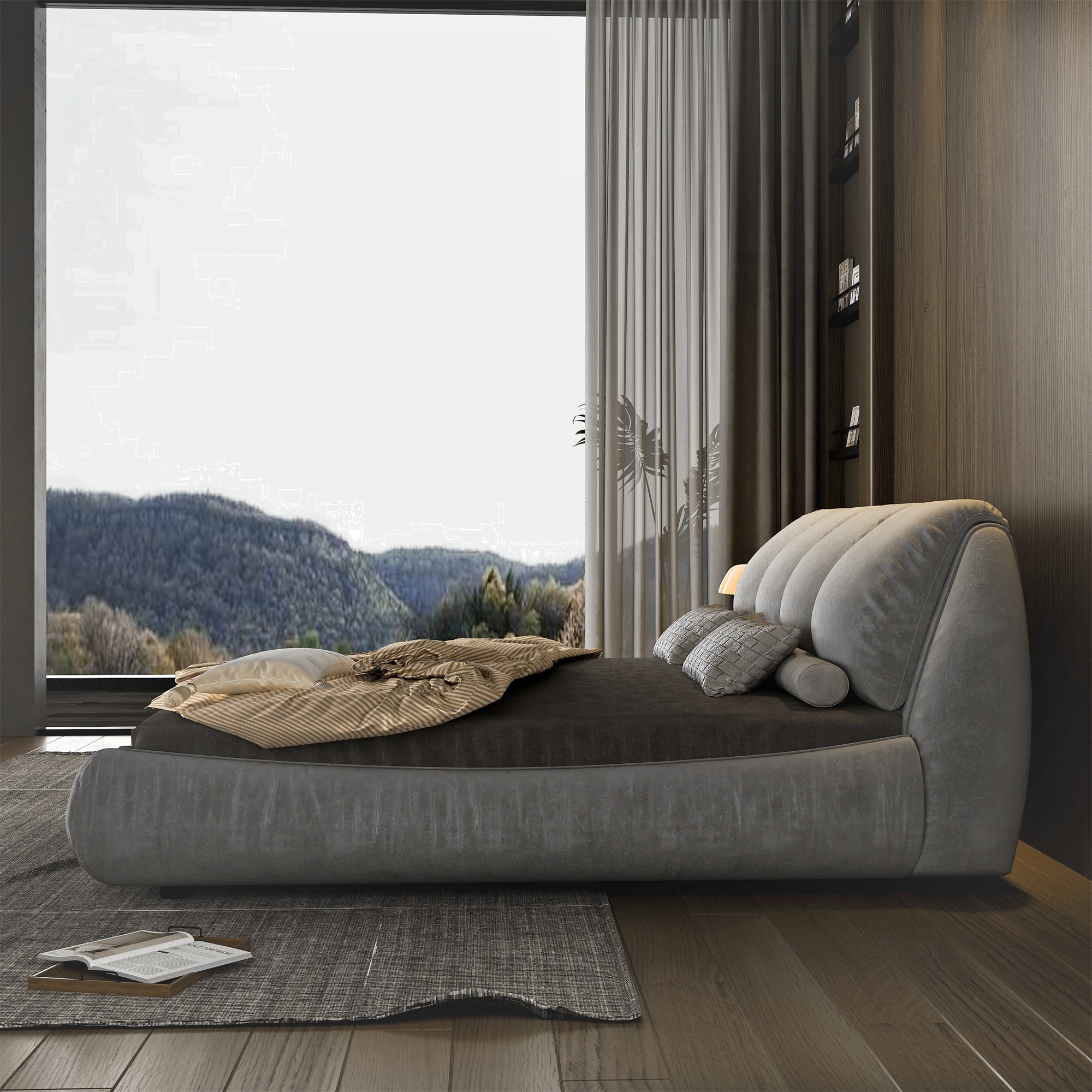 Luxury Upholstered Platform Bed with Thick Headboard, Polyester Fabric Bed w/Oversized Padded Backrest, Slat Support Bed Frame