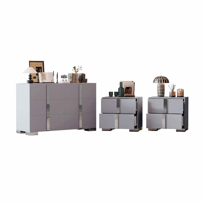 Roomfitters 3-Piece Bedroom Set, Elegant 6-Drawer Dresser and 2 Nightstands with Metal Handles