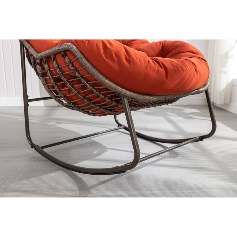 Rattan Rocking Chair with Padded Cushion and Steel Frame Recliner, 250lb Capacity