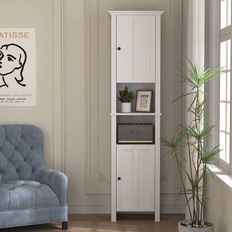 Bathroom Floor Storage Cabinet With 2 Doors Living Room Wooden Cabinet With 6 Shelves 15.75 X 11.81 X 66.93 Inch - White