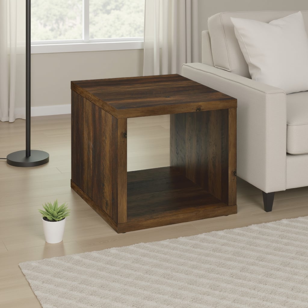 Rizz Side End Table, Square Cube Design Open Shelf, 23 Inch Dark Brown