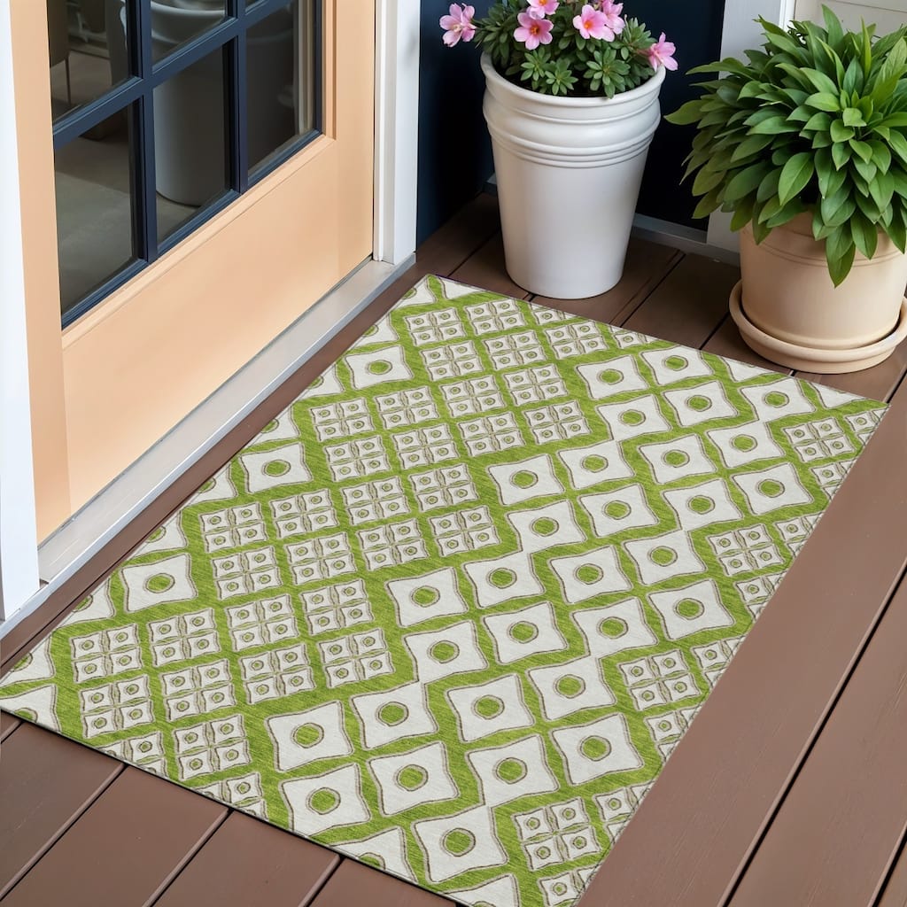 Lime Green And Ivory Geometric Washable Indoor Outdoor Area Rug - 3' x 5'