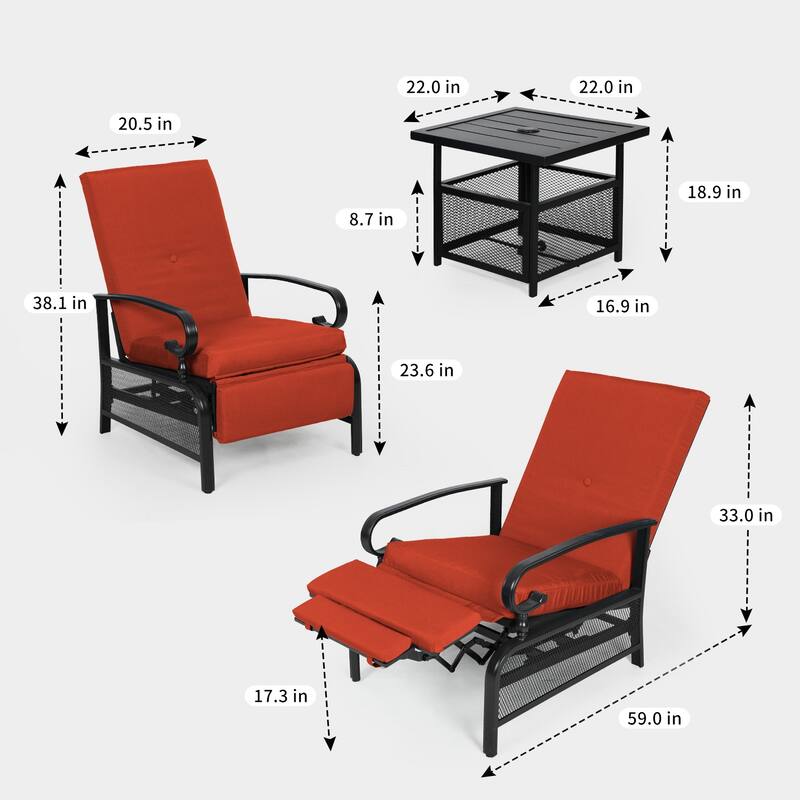 Outdoor Metal Patio Adjustable Recliner Lounge Chair & Bistro Table Set, Retractable Steel Frame and Removable Thick Cushion
