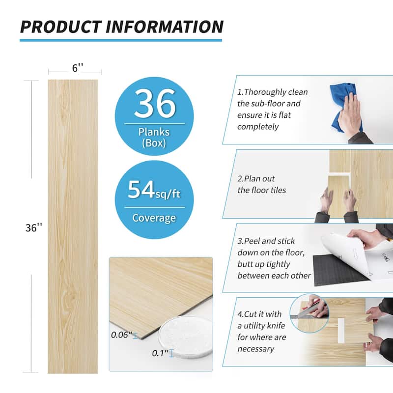 Art3d Peel and Stick Vinyl Floor Tiles,Wood Look Floor Plank,36-Pack,54 Sq.Ft