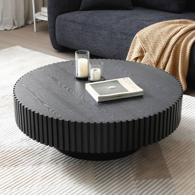 Round Wood Coffee table for Apartment, Modern Living Room Coffee Table with Sturdy Pedestal