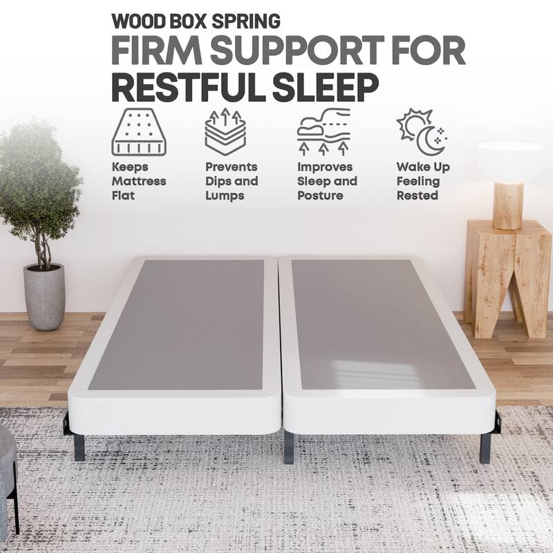 Onetan 4-Inch Wooden Box Spring, Low Profile Split Bed Foundation Ideal for Mattress, No Assembly Needed, White & black.