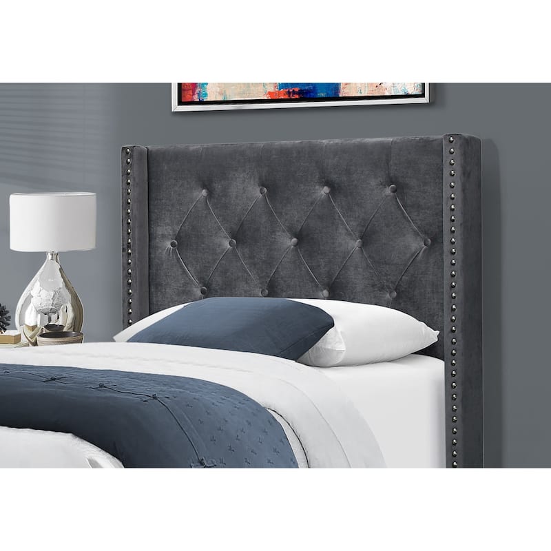 Modern Velvet Bed Frame Twin Size, Upholstered Platform Bed with Wood Legs, Dark Grey Bed Frame for Kids Bedroom