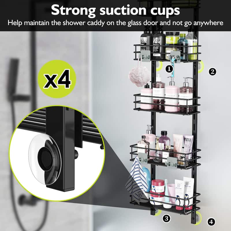 Over the Door Shower Caddy Adjustable 5 Tier Black,Bathroom Hanging Organizer Shelf Rustproof with 4 Hooks - Black