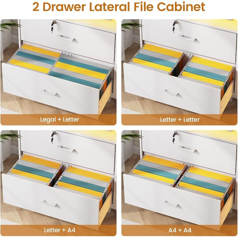 59" LED File Cabinet 2 Drawers Filing Cabinets Legal/Letter/A4 File