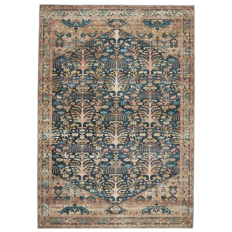 Jayven Machine Washable Medallion Blue/ Tan Area Rug - 6'X9' - Rectangle