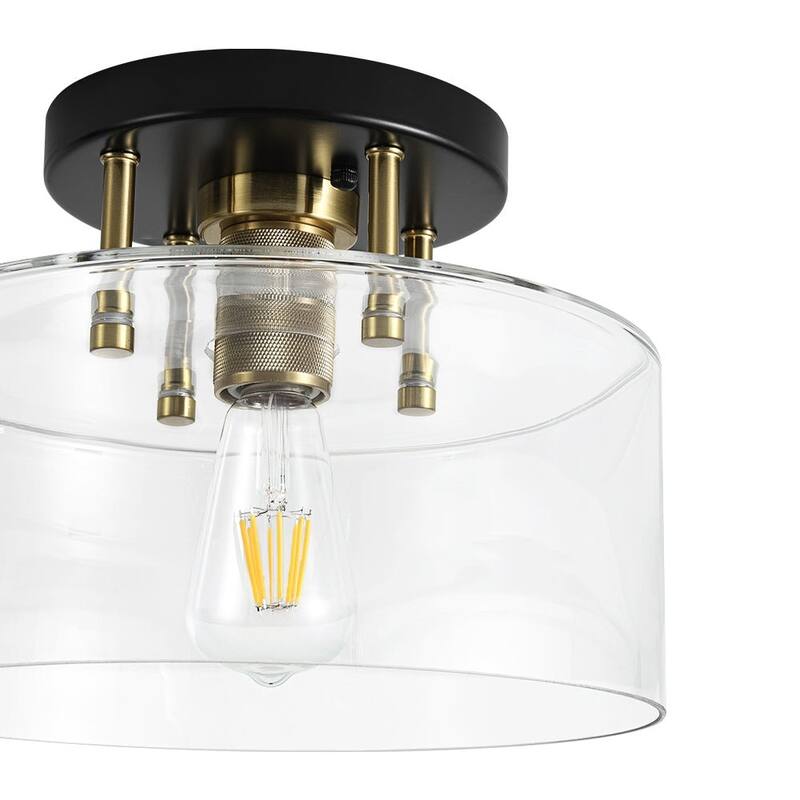 Farmhouse Black Brass 1-Light Glass Drum Semi Flush Ceiling Fixture - 11.8 Inches