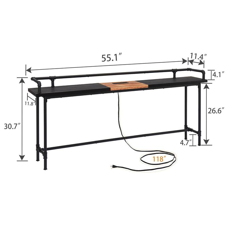 Mid Century Console Table with Power Outlet, Narrow Sofa Table, Sofa Couch Table with Charging Station USB Port