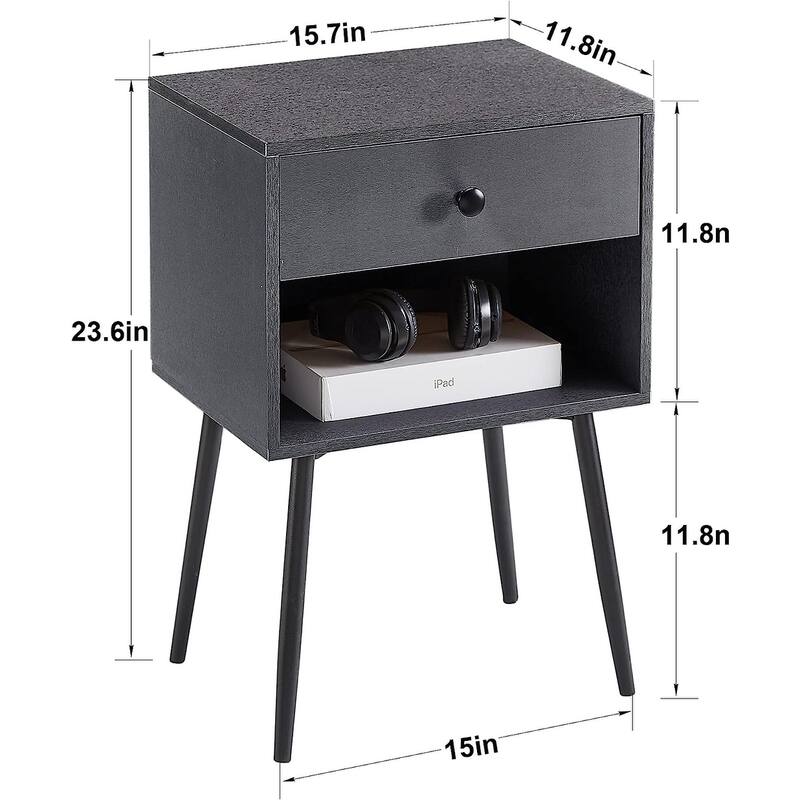 VECELO, (Set of 2) Modern 1-Drawer Brown/Grey Nightstand with Storage Shelf
