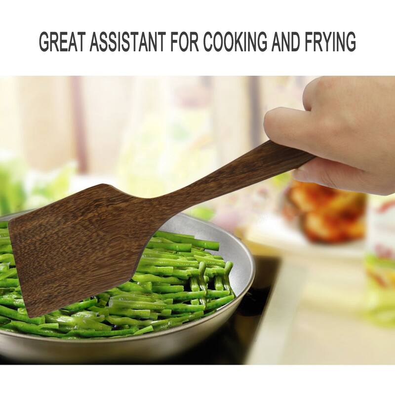 Wooden Turner Long Hand Stir Fry Spatula Kitchen Pan Cooking Baking Brown