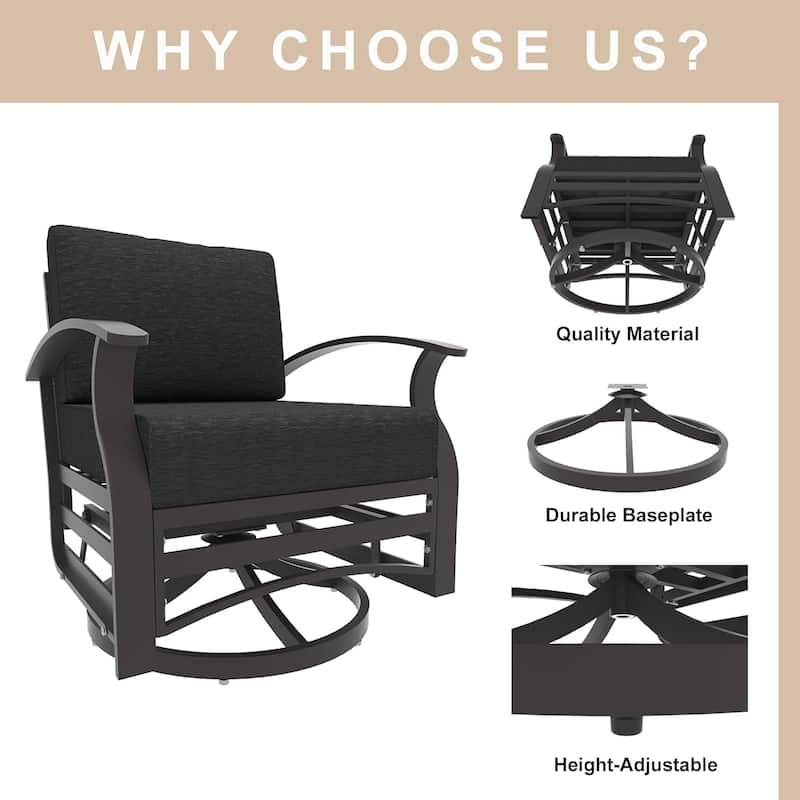 Kullavik 3Pcs Aluminum Rocking Chair Swivel Chairs Set with Glass Top Table & 5" Thick Cushion