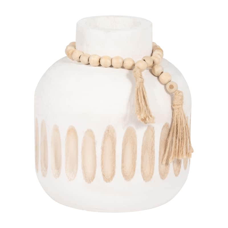 Sagebrook Home Wood, 8" Round Ridged Vase With Tassels, Round, 8"H, Ridged