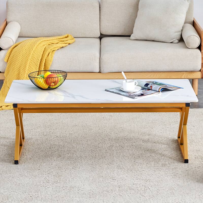 A modern minimalist style marble patterned coffee table with golden metal legs Computer desk Game table Tea table