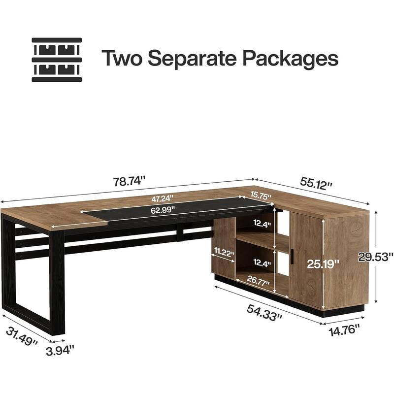 78" L Shaped Executive Desk with Cabinet Storage & Shelves, Modern Wood Office Desk
