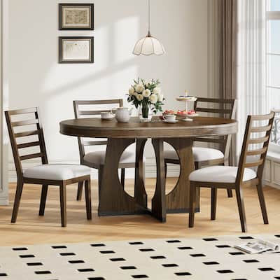 5-Piece Round Extendable Dining Table Set with Removable Leaf, 4 Chair