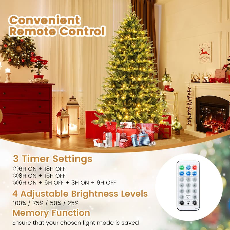 Gymax 7 FT Pre-Lit Artificial Christmas Tree Hinged Xmas Tree w/ 470