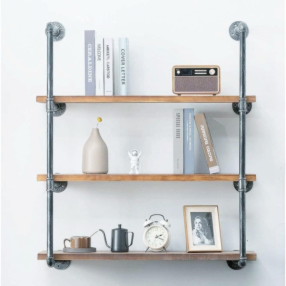 Industrial Wall Mounted Iron Floating Pipe Wood Shelves Bed Bath