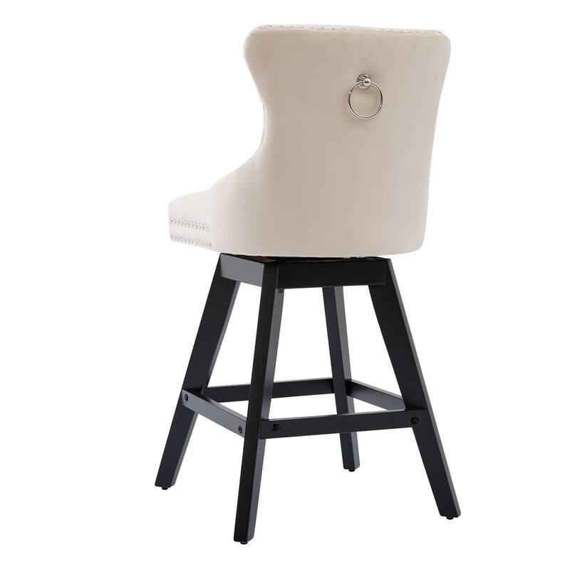 Swivel Bar Stools Set of 2, Velvet Counter Height Barstools with Wooden Legs, Kitchen Island Chairs with Button Backrest