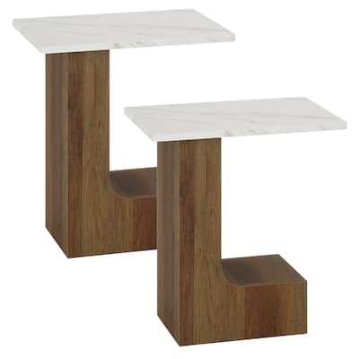 2-Tier C-Shaped End Table with Faux Marble Top for Living Room, Bedroom