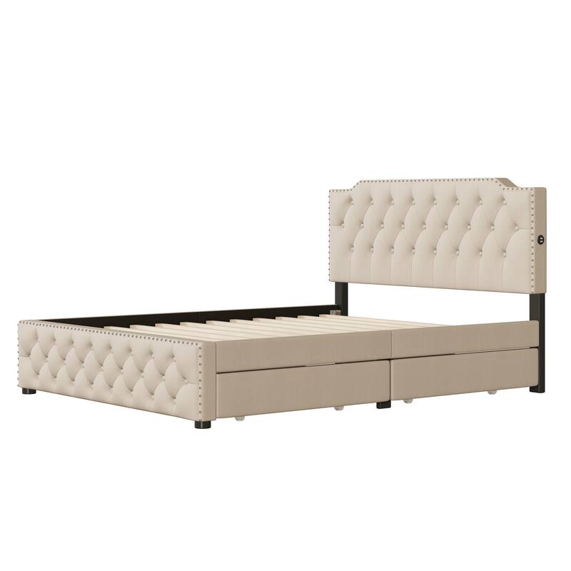 Queen Linen Upholstered Platform Bed with Tufted Headboard, 2 Drawers