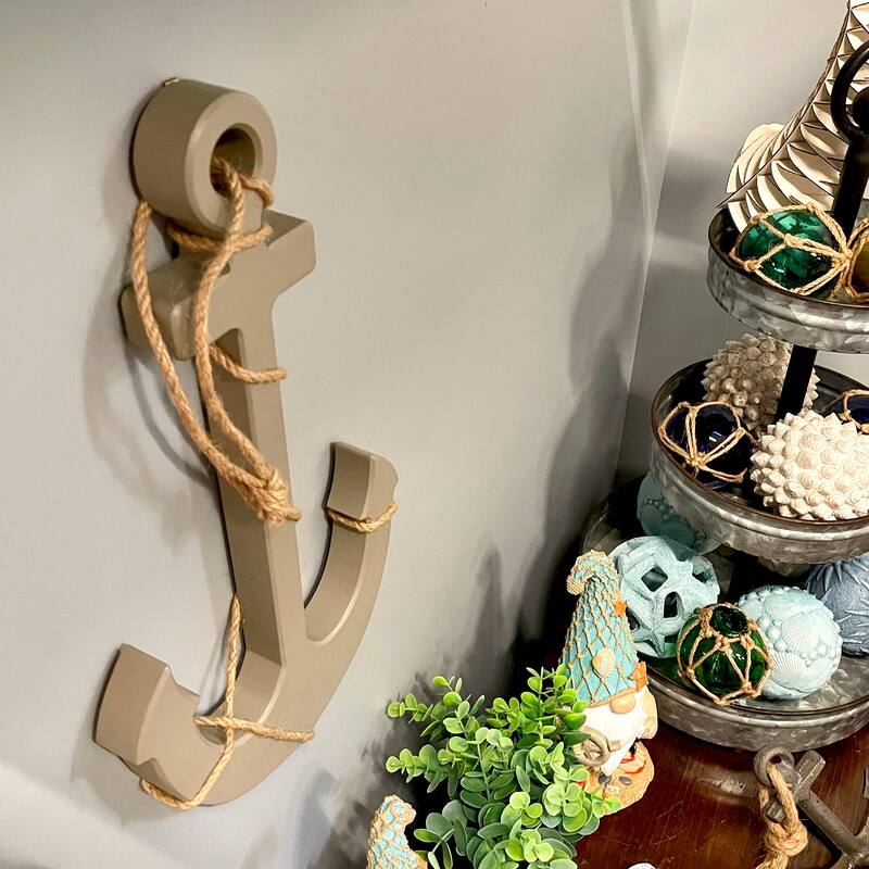 Set Of 2 Wood Nautical Wall Anchors 15In Rope Beach Coastal Decor Blue