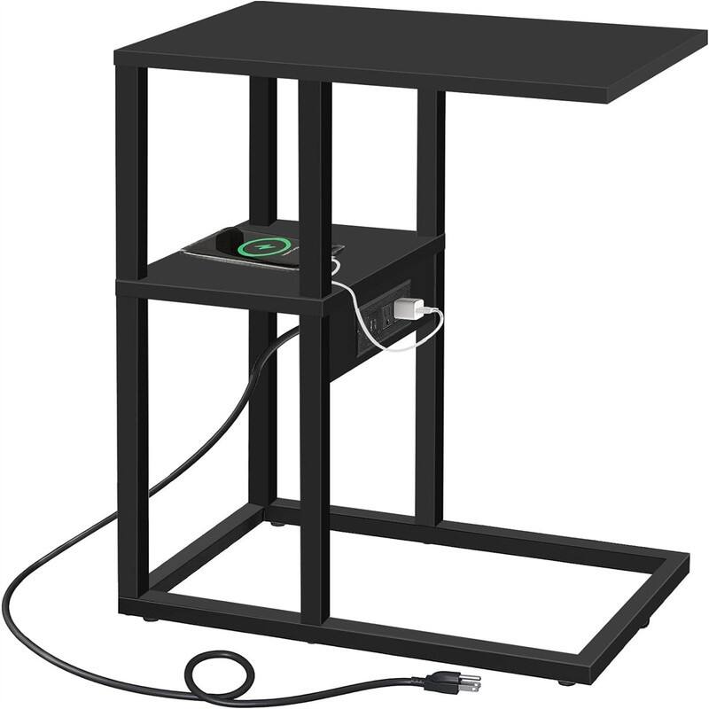 C Shaped End Table with Charging Station - 11.8"D x 15.4"W x 23.4"H - Black