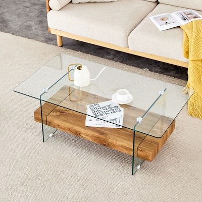 2-Tier Coffee Table with Clear Tempered Glass Top, Rectangular Cocktail Table with MDF Storage Rack, Modern Tea Table