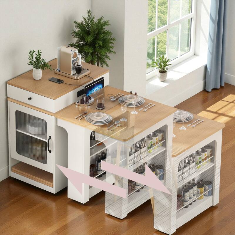 59.5" Kitchen Island with Extendable Table, Double-Sided Storage, Power Outlet, Drawers and Shelves