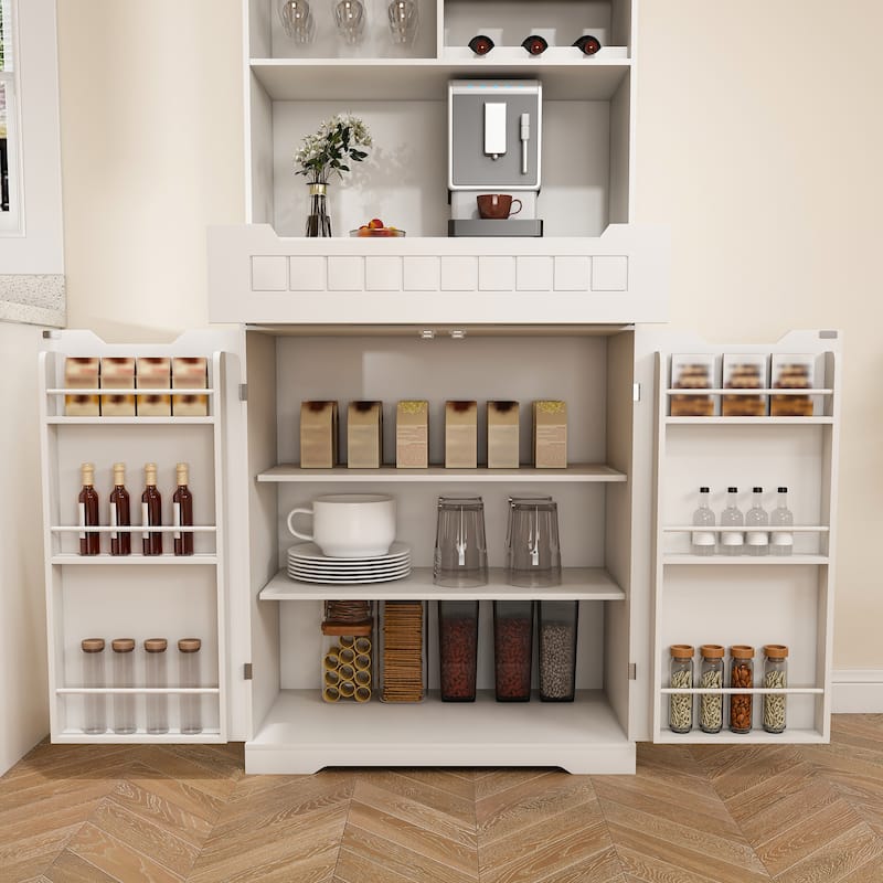 White Buffet Cabinet with Hutch - Modern Farmhouse Kitchen Storage Sideboard with 2 Drawers & Barn Doors