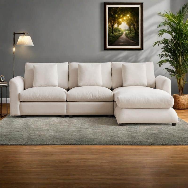 102.2" Fabric L-Shaped Modular Sofa with Ottoman, 3 Cushions & 3 Pillows - Convertible Sleeper Sofa