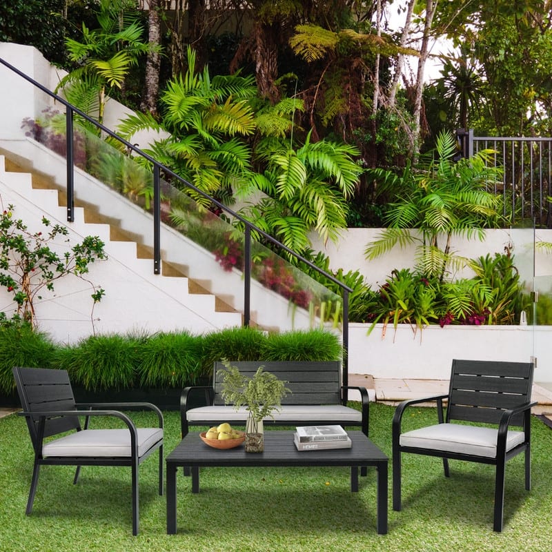 Outdoor Sectional Sofa Set with Coffee Table Patio Conversation Sets - Black+Grey