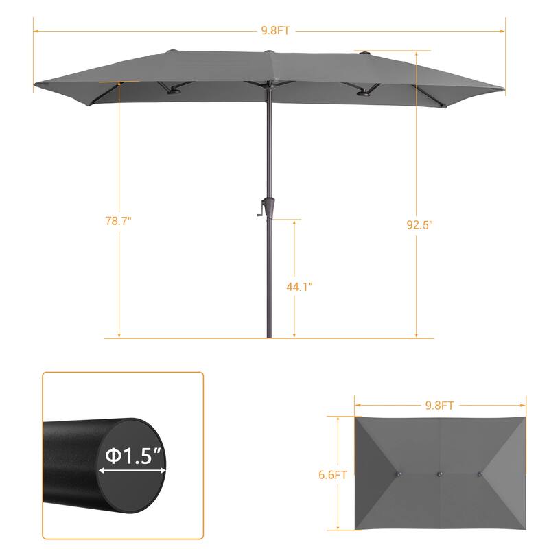 LIVOOSUN 11x7/10x6.5Ft Large Double-Sided Rectangular Outdoor Patio Market Umbrella with Crank, Gray