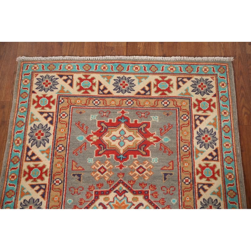 Geometric Grey Kazak Foyer Rug Handmade Traditional Wool Carpet - 2'7" x 3'10"