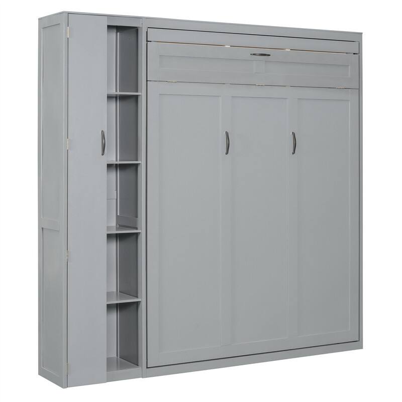Full/Queen Size Murphy Bed Wall Bed with LED Lights and Storage Cabinet, Foldable Murphy Cabinet Bed with Open Storage Shelves