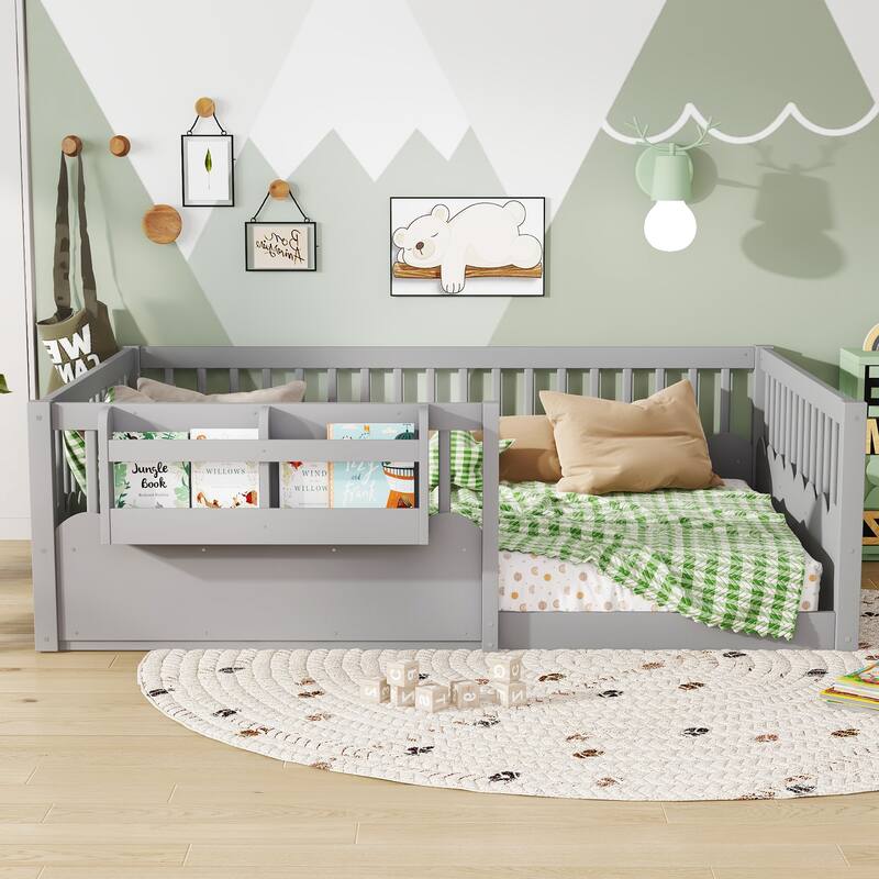 Queen/Full/Twin Floor Bed with Fence and Bookshelf, Wood Kids Floor Bed