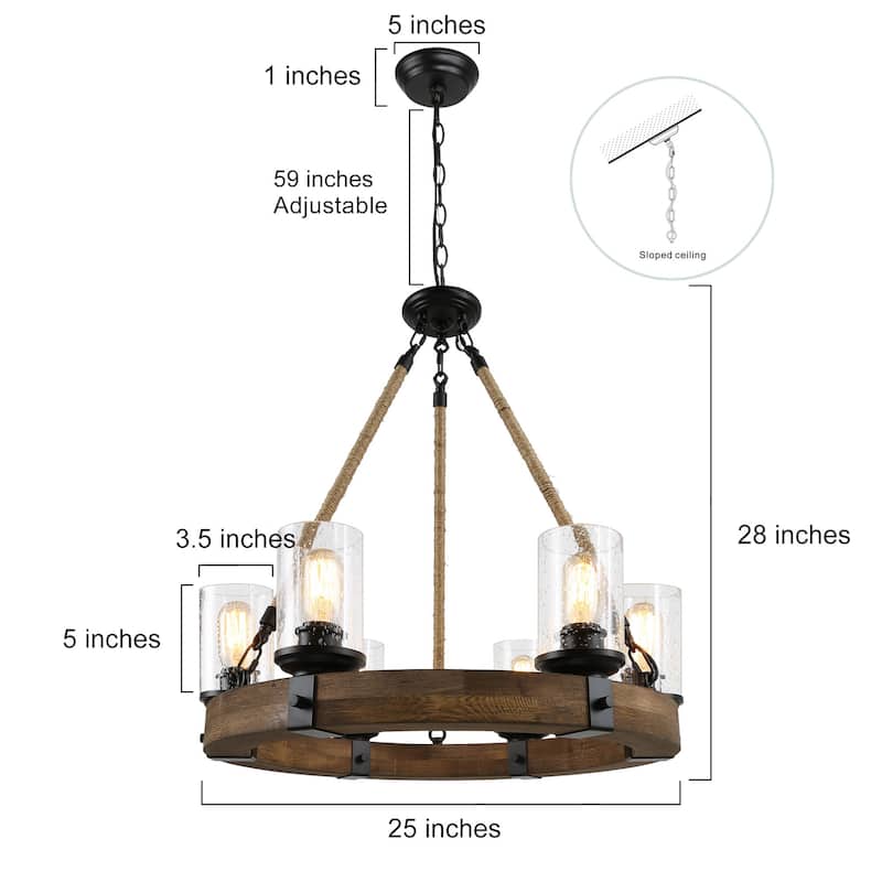 Carbon Loft Farmhouse 6-Light Wood Wheel Chandelier with Glass Shade for Dining Room