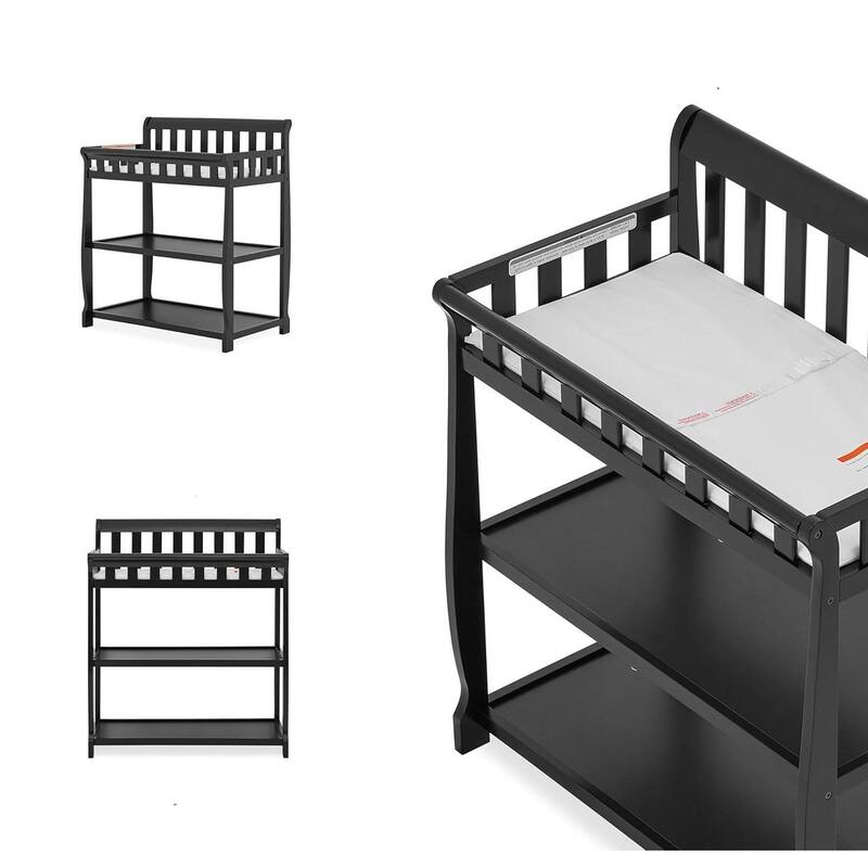 Black Wooden Baby Changing Station with Water-Resistant Pad Strap and Safety Guard Rails - 40”H x 20”W x 34”L