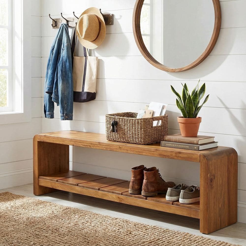 Solid Wood Entryway Bench, 59 Inch Long Shoe Bench with Open Shelf