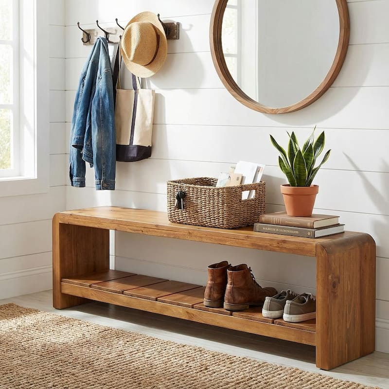 Solid Wood Entryway Bench, 59 Inch Long Shoe Bench with Open Shelf - Brown