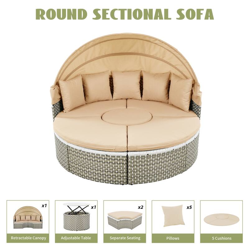 5-Piece Sectional Sofa Set, Round Rattan Outdoor Daybed with Retractable Canopy and Adjustable Table,with Cushions & Pillows