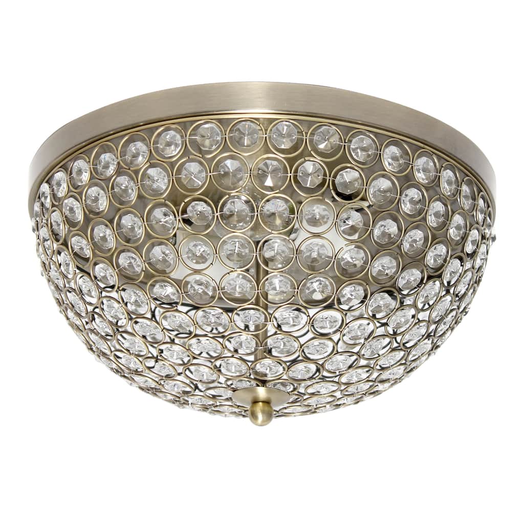 Dome Crystal 2 Light Flush Mount Ceiling Light Fixture - 13" - Antique Brass