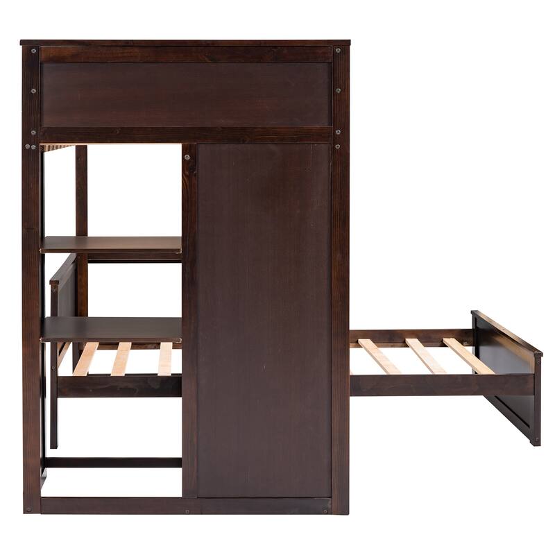 Twin Pine Loft Bed with Stand-alone Bed, Shelves, Desk, Wardrobe