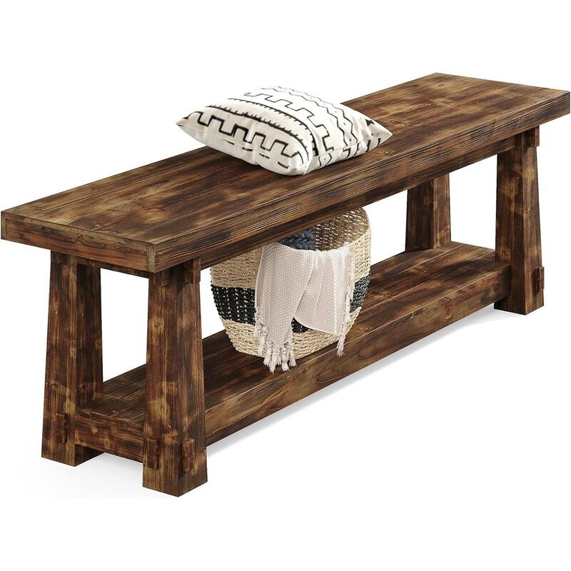 55" Solid Wood Entryway Bench with Shoe Storage, Charred Wood Grain